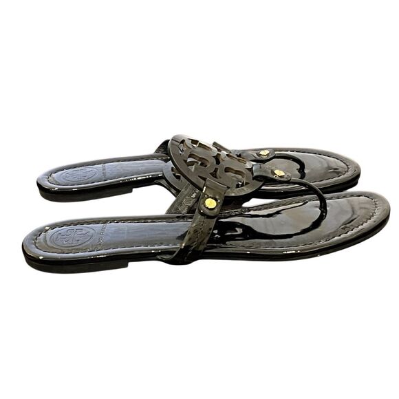 SZ 9 Tory Burch Miller Patent Logo Embellished Sandals Flip Flops in Bla… - Picture 4 of 13